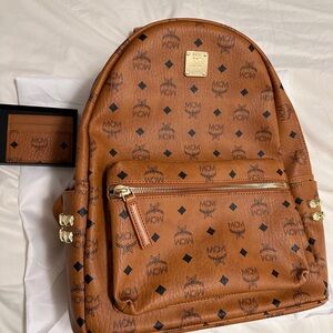 MCM Large Cognac Visetos Backpack with Side Studs and Gold- tone hardware